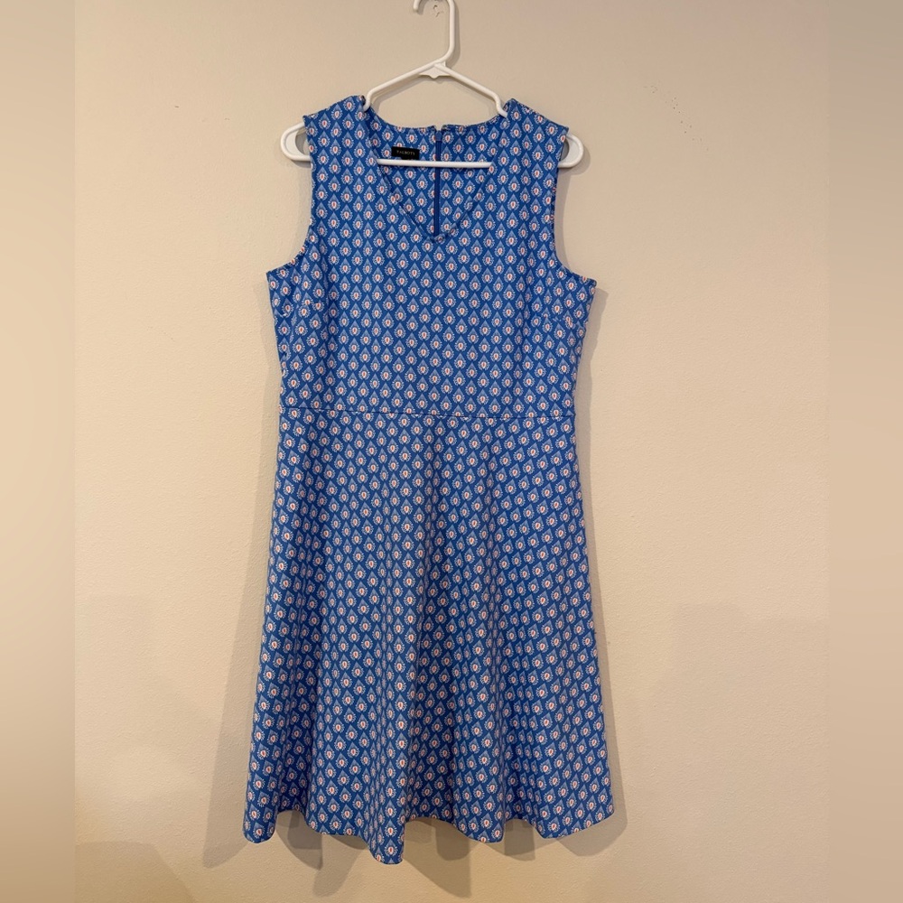 Talbots Blue White Coral Print Sleeveless V Neck Dress Women’s Size‎ (6-8) Small
